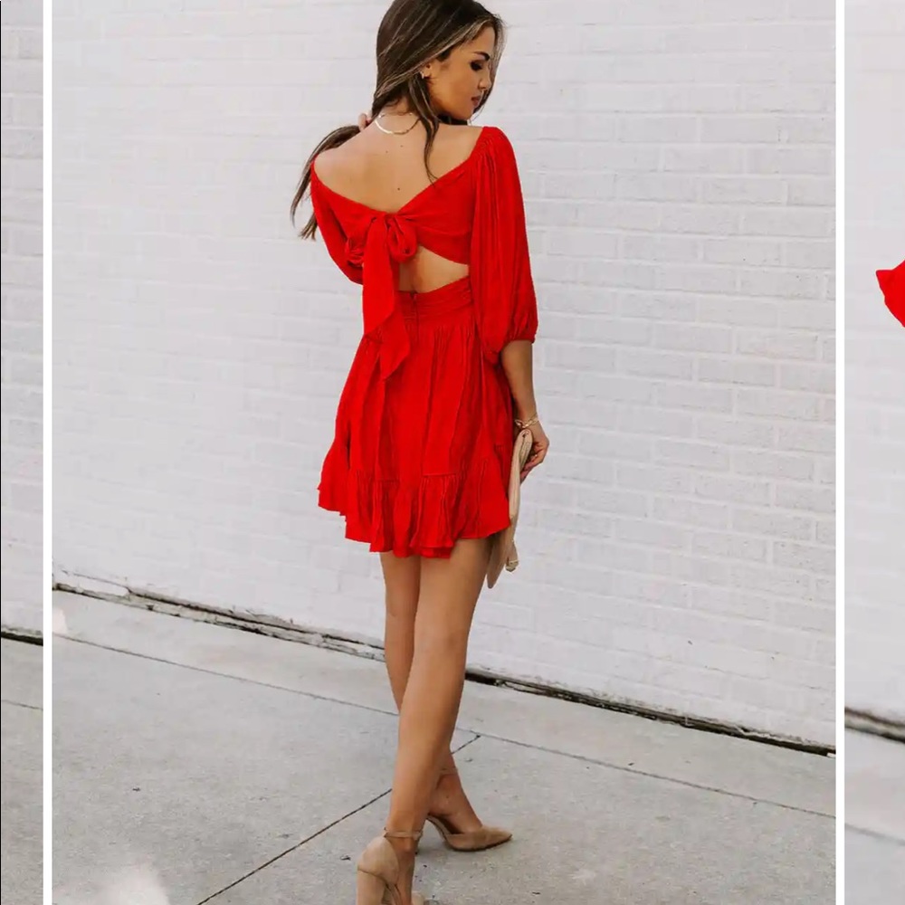 BLYTHE GATHERED PUFF SLEEVE DRESS - RED